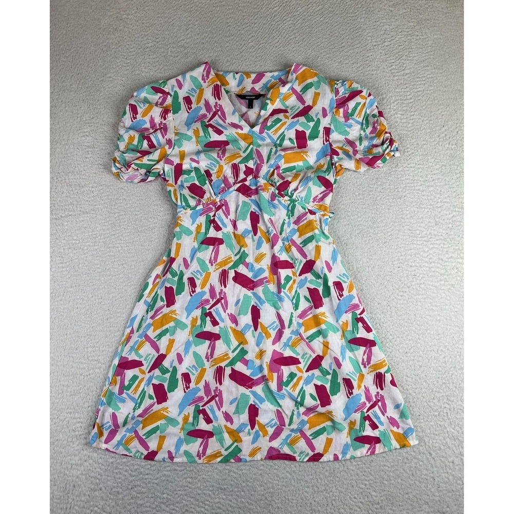 Vero Moda Rebeccah Dress Womens Small Multicolor Puff Sleeve V-Neck Fit Flare
